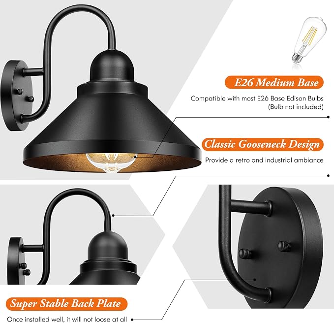 Brightever Gooseneck Outdoor Wall Sconces, Industrial Black Exterior Wall Lights - Image 3