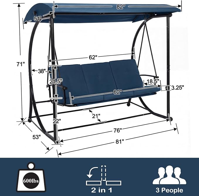 Modern Patio Swing with Adjustable Canopy, 2 in 1 Porch Swing Bed with - Image 2