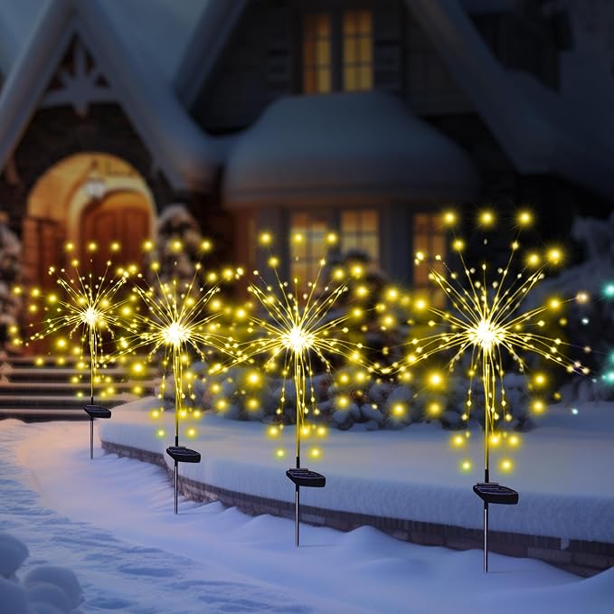 Solar Garden Firework Lights, 4 Pack, Waterproof, 120 LED, Warm White, Party - Image 2