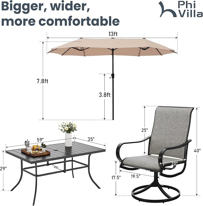 PHI VILLA 8 Piece Outdoor Furniture Patio Dining Set, 6 Swivel Textilene Fabric - Image 7
