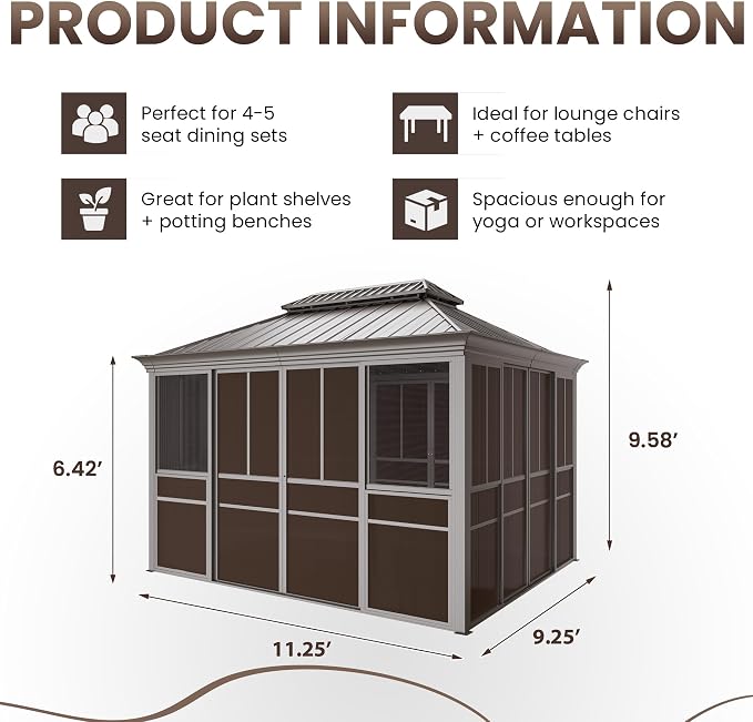 EROMMY 10' X 12' Hardtop Sunroom, Galvanized Steel Double Roof Gazebo Solarium - Image 3