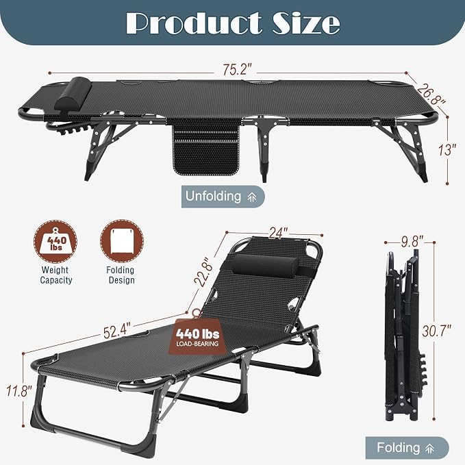DoCred Heavy Duty Chaise Lounge Chair, Adjustable 5-Position Folding Chaise - Image 8