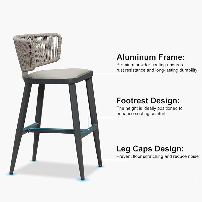 PURPLE LEAF Outdoor Bar Height Stool Set of 2 Modern Rattan Bar Chairs - Image 7
