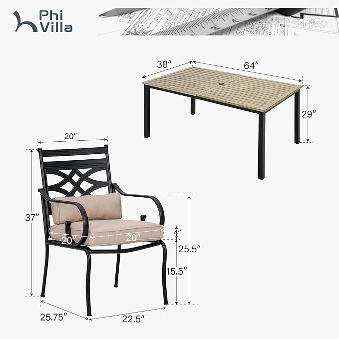 PHI VILLA 7 Pcs Patio Dining Set, Outdoor Table Chair Set - Image 8