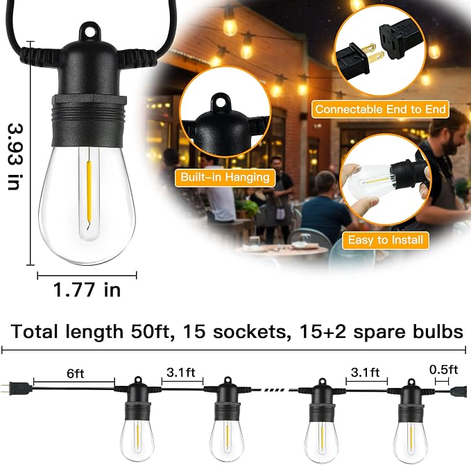Ollny Outdoor String Lights, 50 FT Waterproof Connectable Patio Lights - Image 2