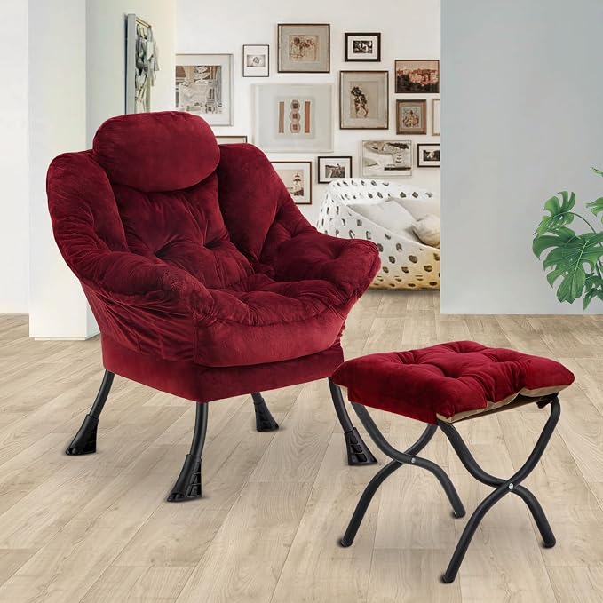 Lazy Chair with Folding Ottoman, Leisure Sofa Chair, Soft Fabric Armchair with - Image 2