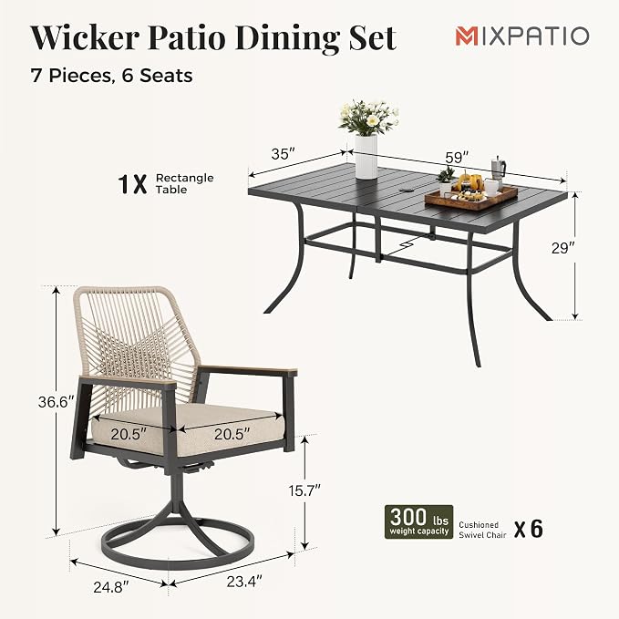 7 Pieces Outdoor Patio Dining Set, Wicker Patio Table and Chairs Set of 6 - Image 6