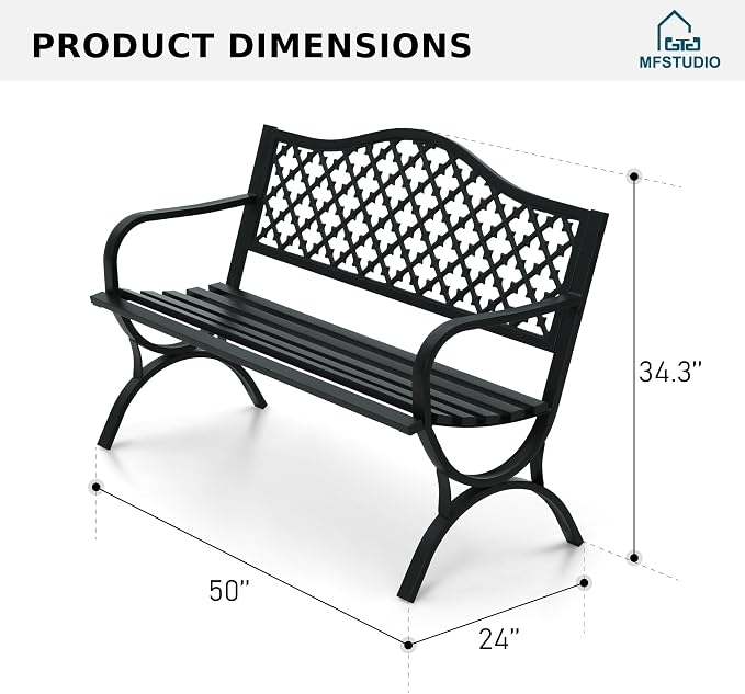 MFSTUDIO Outdoor Metal Bench Set of 2, Cast Iron Frame Patio Furniture - Image 2