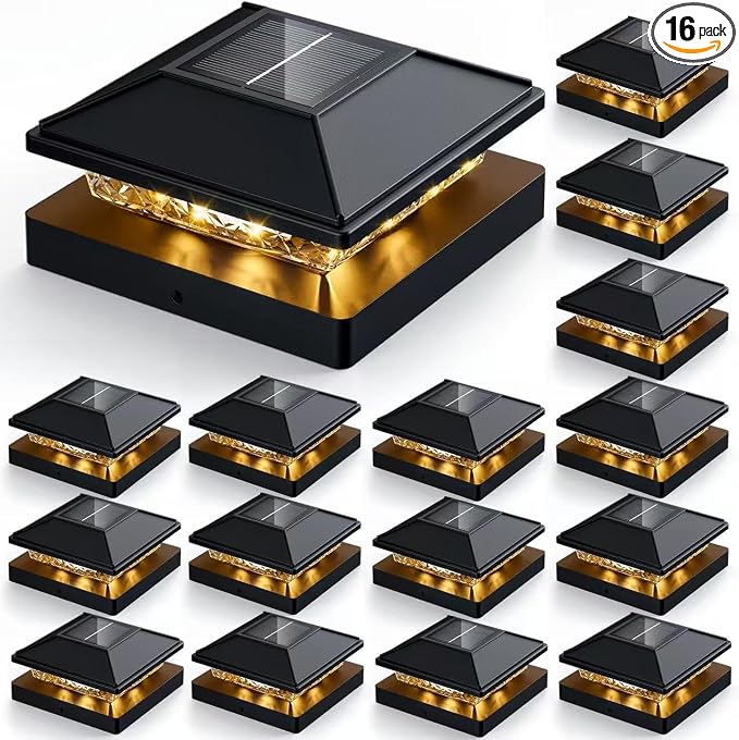 16pack Modern Black Solar LED Post Cap Lights, 16 x LED, Waterproof, Solar by JOFIOS
