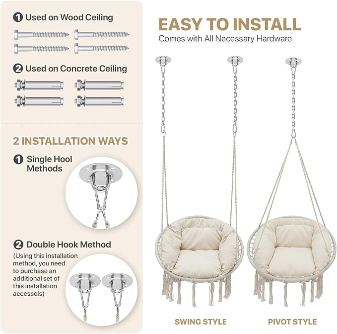 Monibloom Hanging Hammock Chair w/Large Comfy Cushion, Macrame Swing Chair - Image 6