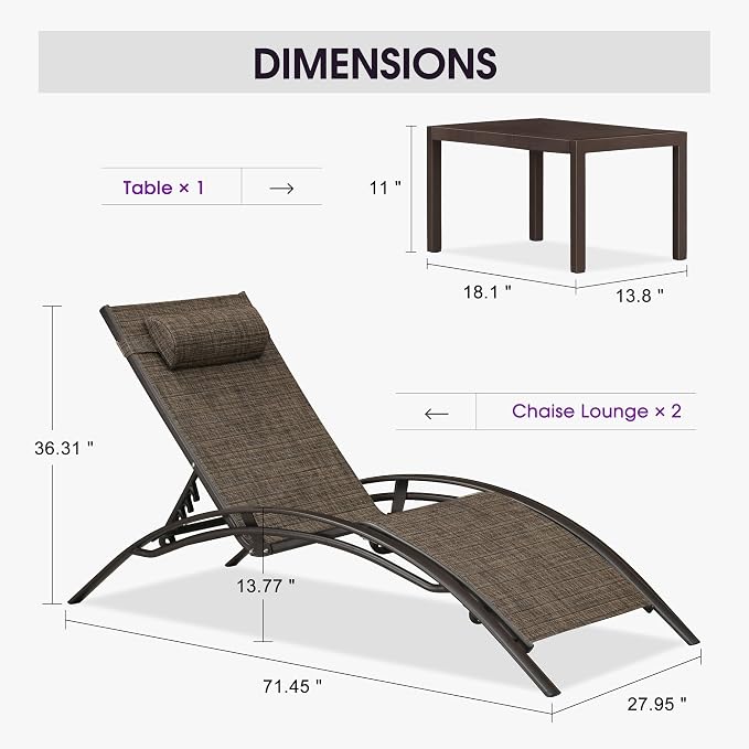 PURPLE LEAF Outdoor Oversized Chaise Lounge Chair Set of 3 Patio Pool Lounger - Image 2
