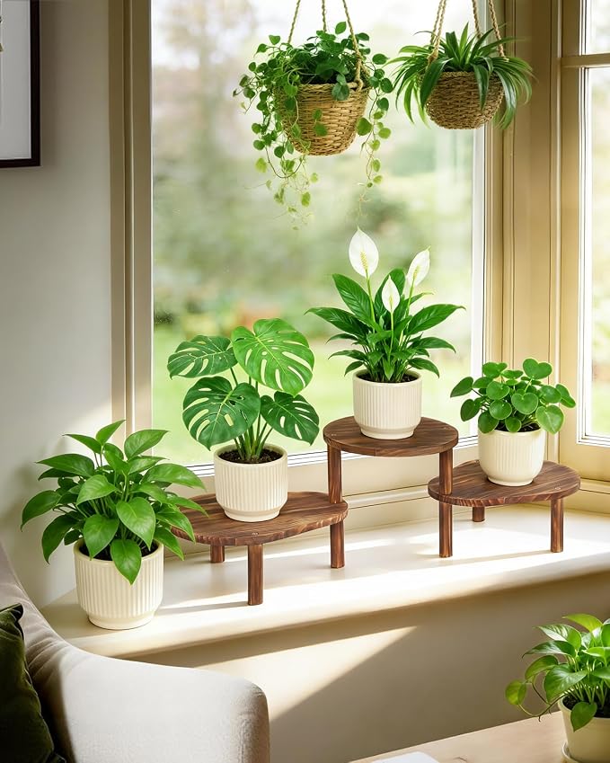 Convex Corner Plant Stand Indoor Outdoor, Wood Adjustable Plant Shelf, Long - Image 2