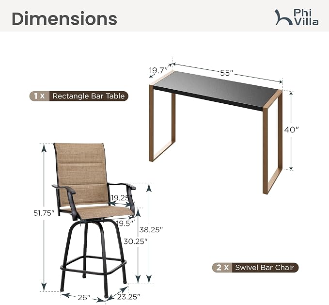 PHI VILLA 3 Piece Outdoor Bar Set, Bar Height Patio Table and Chairs - Image 7