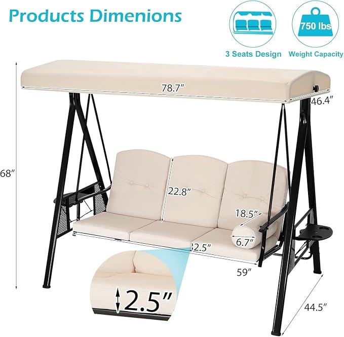 AECOJOY Outdoor Porch Swing, 3-Seat Porch Swing - Image 2
