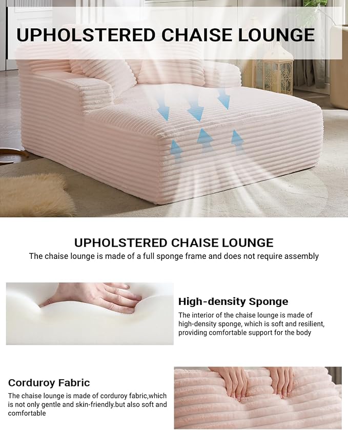 67 Inch Chaise Lounge Chair Indoor, Oversized Corduroy Upholstered Boneless - Image 4
