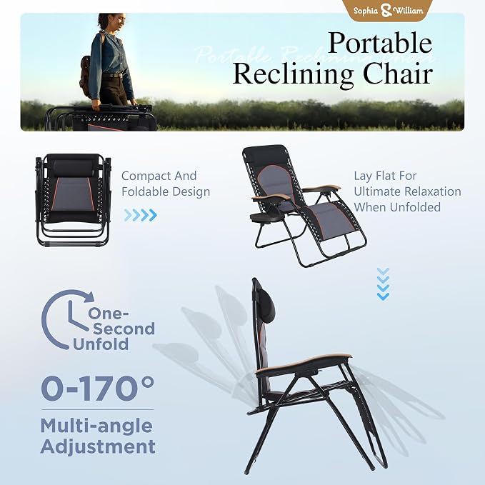 Sophia & William Oversized XXL Zero Gravity Chair Padded, Folding Lounge Chair - Image 7
