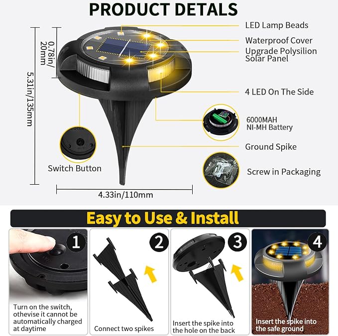 Solar Ground Lights Outdoor Waterproof, 8 Pack 12 LEDs Solar Garden Disk Lights - Image 5
