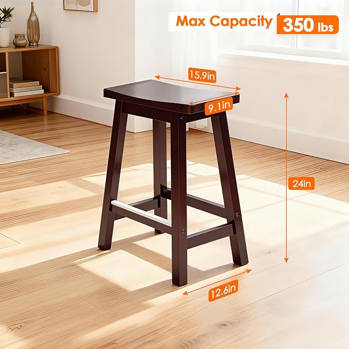 PayLessHere Bar Stools Set of 2, Wooden Saddle Stools 24 Inch Heigh, Bar Chairs - Image 3