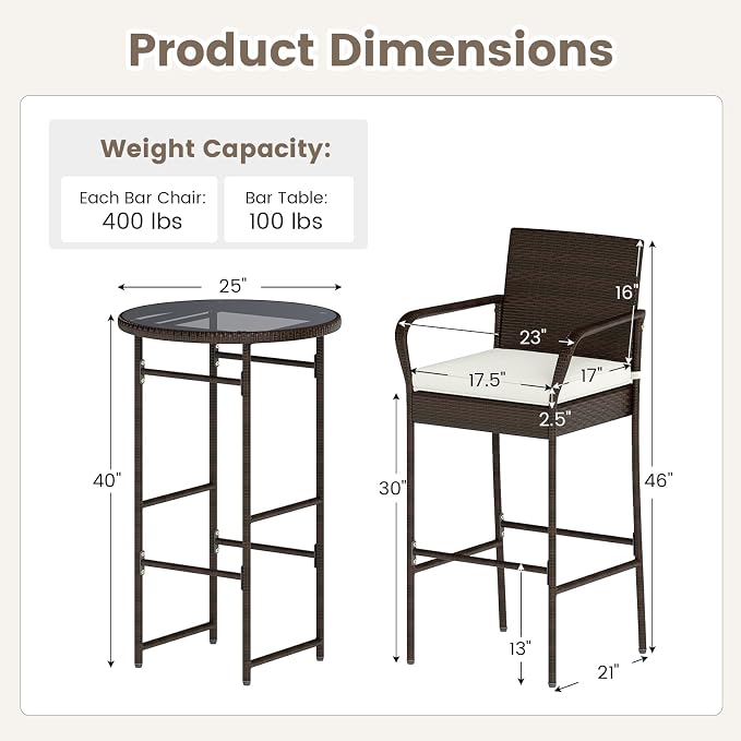 Tangkula 3 Piece Outdoor Bar Set, Patio Rattan Heavy Duty Bar Height Glass Top - Image 9