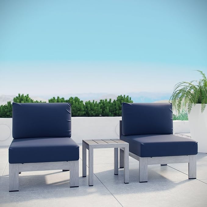 Modway Shore 3-Piece Aluminum Outdoor Patio Furniture Set in Silver Navy - Image 8