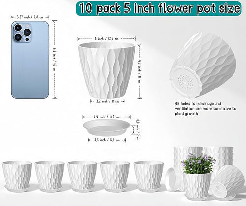 10 Pack 5 Inch Plant Pots with Drainage and Saucers, Stackable Nursery Planters - Image 2