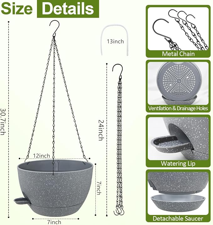 WOUSIWER Self Watering Hanging Planters, 2 Pack 12'' Plastic Pots - Image 4