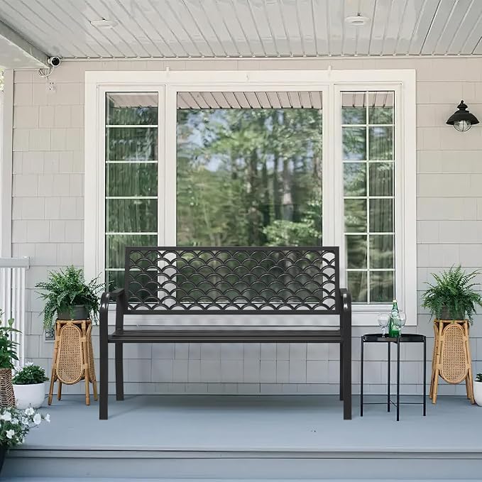 Outdoor Bench Garden Bench, Iron Metal Frame Outdoor Benches Weatherproof - Image 2