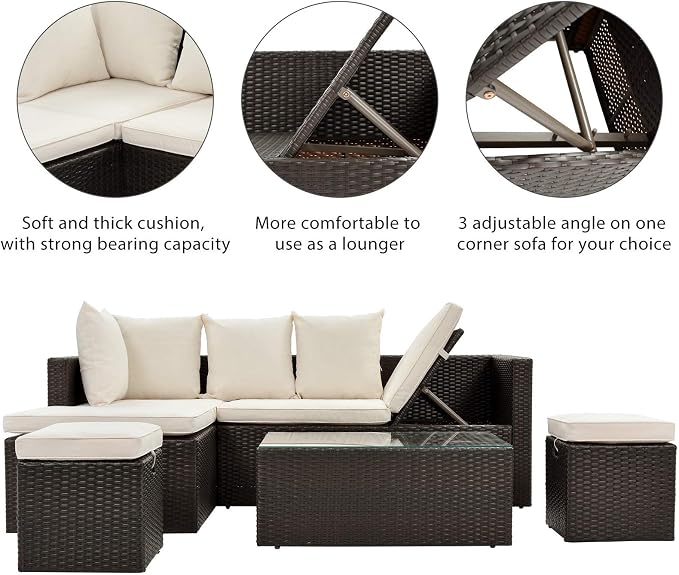 LUMISOL 5 Pieces Outdoor Patio Wicker Sofa Set, Rattan Furniture Sets - Image 5