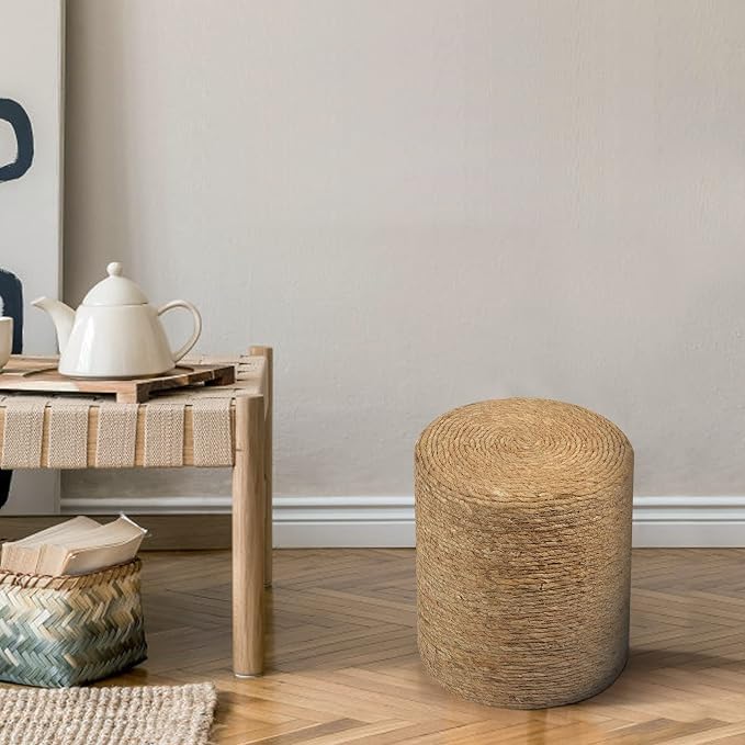Wimarsbon Round Pouf Ottomans, Handwoven Natural Water Hyacinth Seagrass Pouffe - Image 4