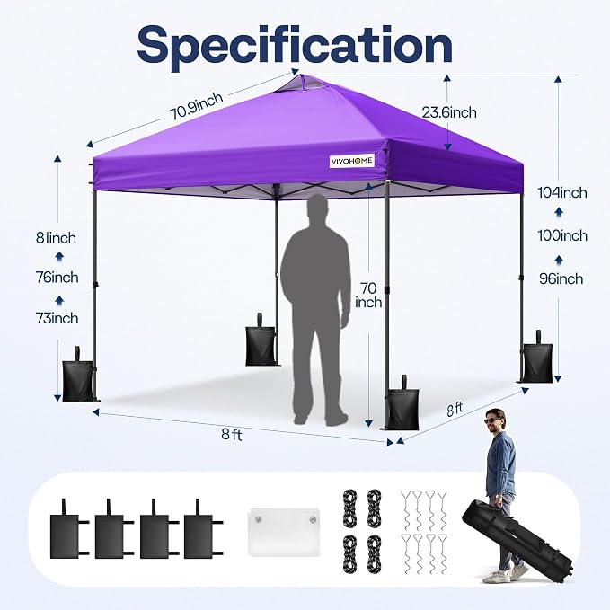 VIVOHOME 8x8ft Pop Up Canopy Tent One Push Setup Outdoor Portable Shelter Tent - Image 5