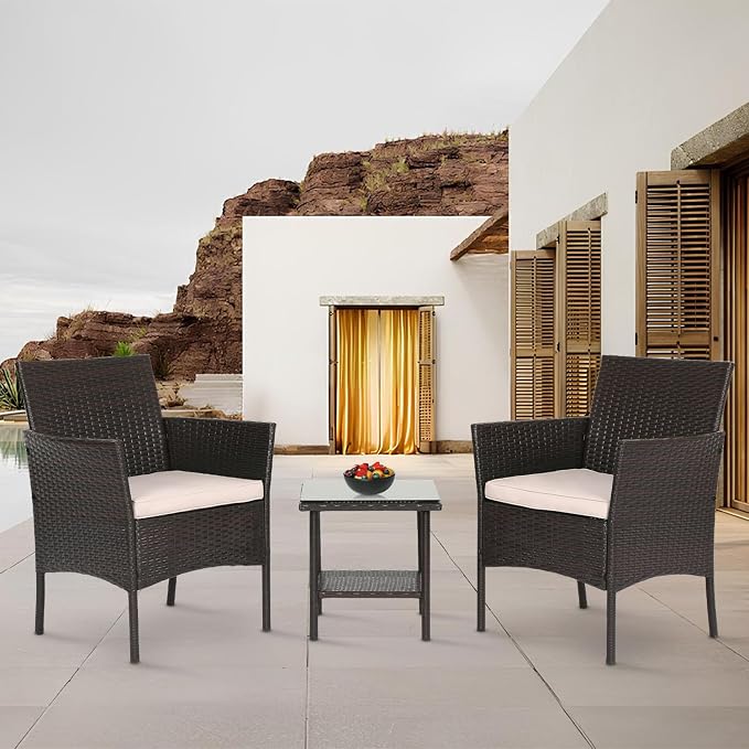 FDW Patio Bistro Conversation Set Wicker Furniture 2 Rattan Chairs Cushions and - Image 7