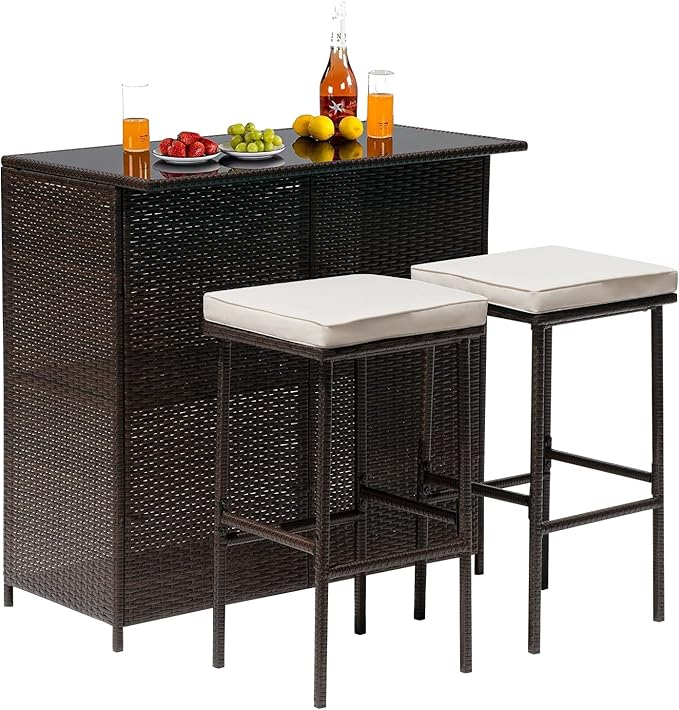 Wicker Patio Furniture 3 Piece Patio Bar Table Set Chairs Wicker Outdoor Rattan by FDW