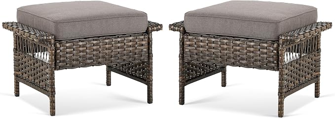 Patio Ottomans 2 Piece Outdoor Wicker Ottomans PE Rattan Footrest by Bellefurn