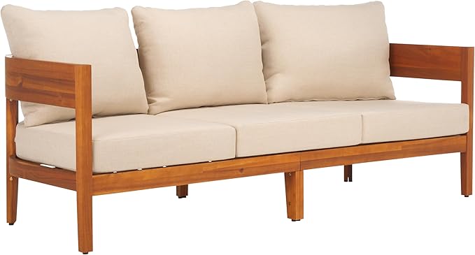 SAFAVIEH Outdoor Collection Theo Natural Teak Solid Wood/Taupe Cushion 3-Seater - Image 4