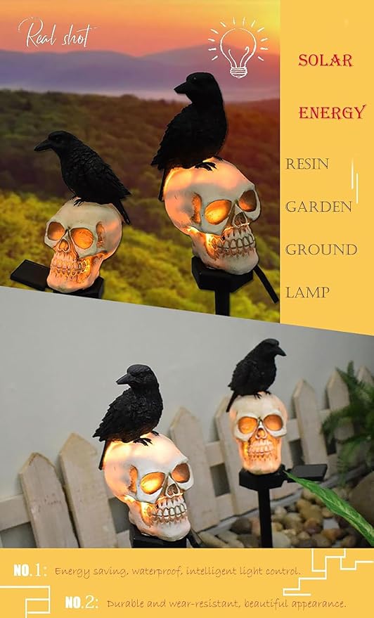 Outdoor Solar Lights, Crow Solar Lights Outdoor Waterproof Halloween Skull Light - Image 5