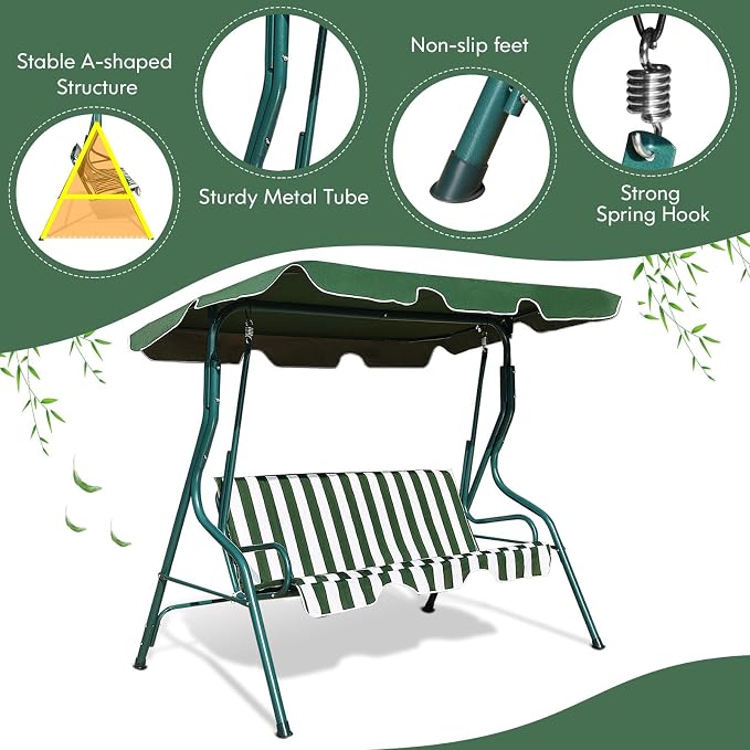 Porch Swing Outdoor, 3 Person Patio Swing w/Removable Cushion, Stand & - Image 6