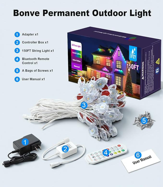150FT Permanent Outdoor Lights for House, Smart Color Change LED Waterproof - Image 8