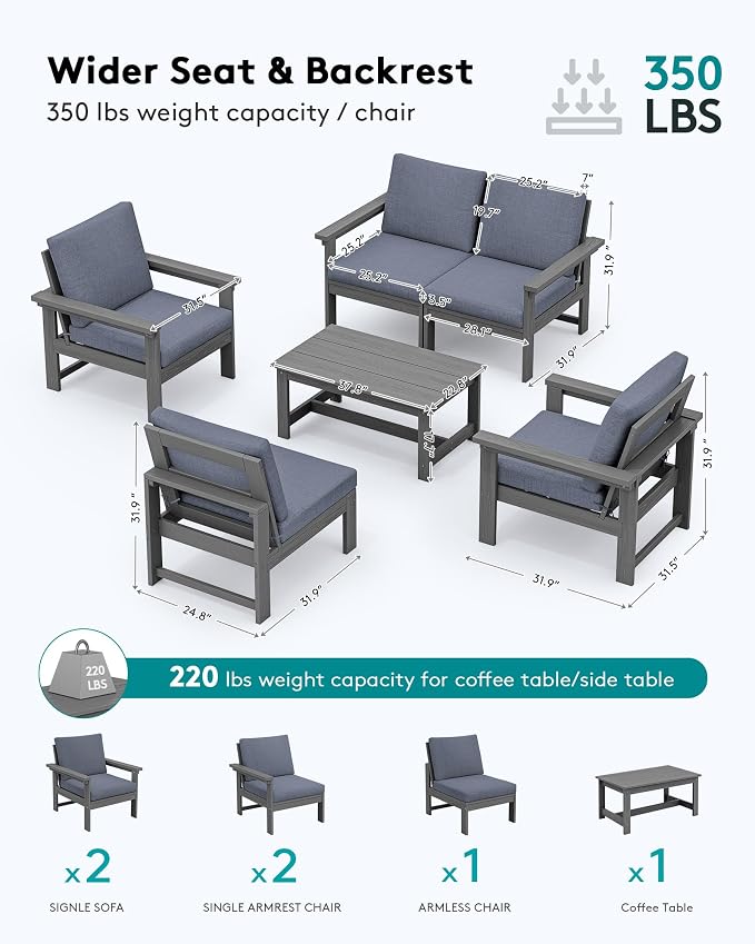 SERWALL HDPE Patio Conversation Set, 6-piece Sectional Outdoor Furniture Set - Image 2