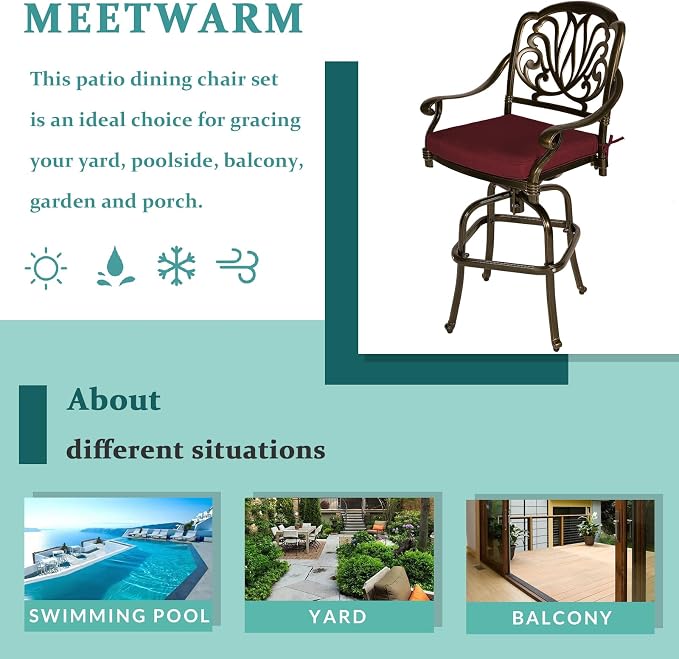 MEETWARM 2 Piece Patio Swivel Bar Chairs, All Weather Cast Aluminum High Swivel - Image 5