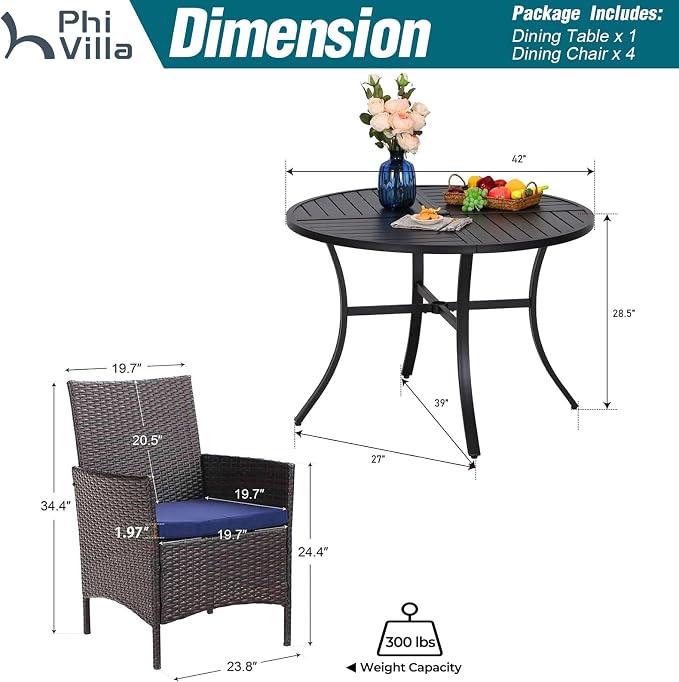 PHI VILLA 5 Piece Outdoor Round Dining Table Set - Image 6