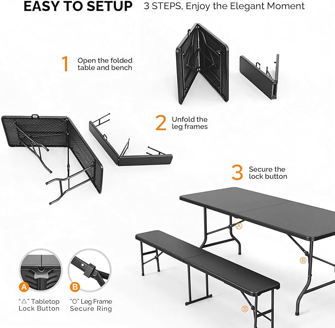 VINGLI Picnic Table Set with 2 Benches, 6 Feet Camping Table Chair Set - Image 2