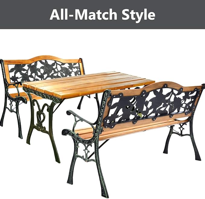 Giantex 50 Inch Patio Bench, Outdoor Furniture Rose Cast Iron Hardwood Frame - Image 6