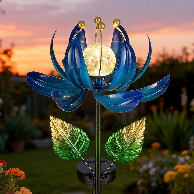 Solar Garden Lights Metal Flower Decor, Colorful Lotus Pathway Spinning Windmill by AIINY