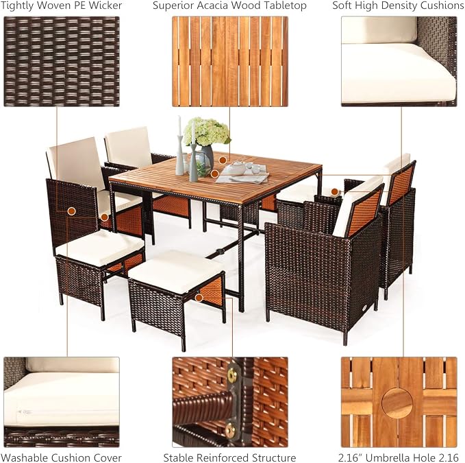 Tangkula 9 Pieces Acacia Wood Patio Dining Set, Space Saving Wicker Chairs and - Image 8