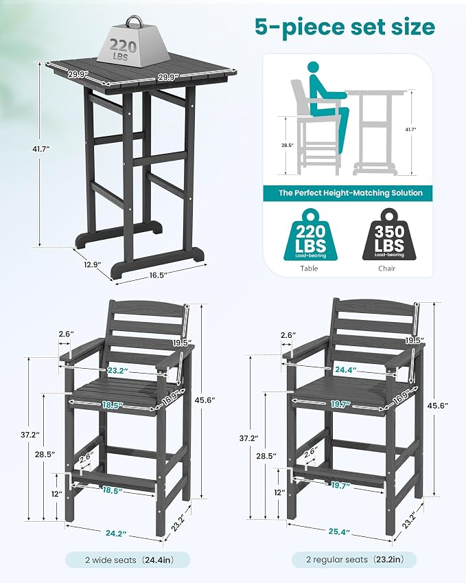 SERWALL 5 Pieces Outdoor Patio Bar Set, Tall Adirondack Bar Chair and Table Set - Image 4