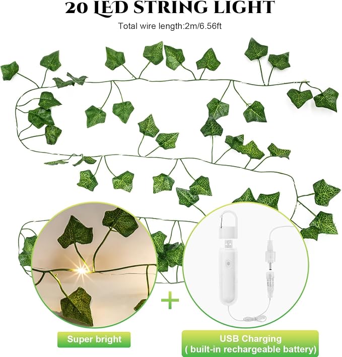 Vine with Fairy Lights Rechargeable, 6.56ft Ivy Leaf with 20 LED, 8 Mode and - Image 6