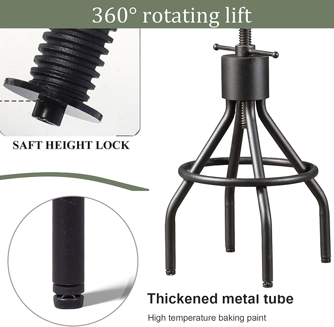 LOKKHAN Set of 2 Industrial Leather Bar Stools-Adjustable Swivel Metal Bar - Image 3