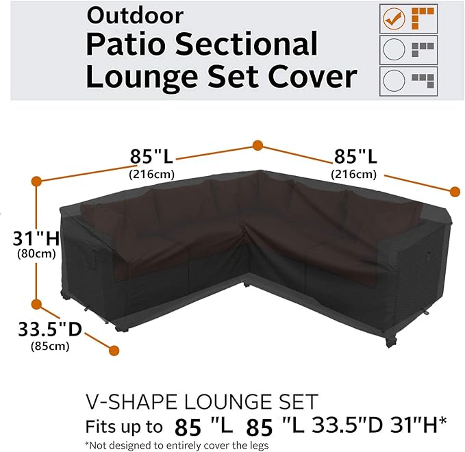 Heavy Duty Outdoor Sectional Cover, 85“ x 85" V-Shaped 5-Seater Waterproof 600D - Image 6
