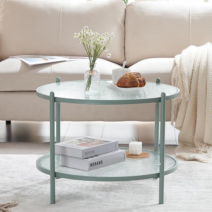 VINGLI 25.6" Small Light Bright Green Round Coffee Table Water-Wave Glass - Image 6