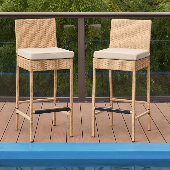 ECOTOUGE Outdoor Bar Stools Set of 2, Wicker Woven Patio Stools & Patio Bar - Image 6